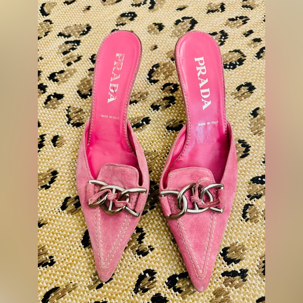 Prada pink kitten heel mules with silver chain detail size 39